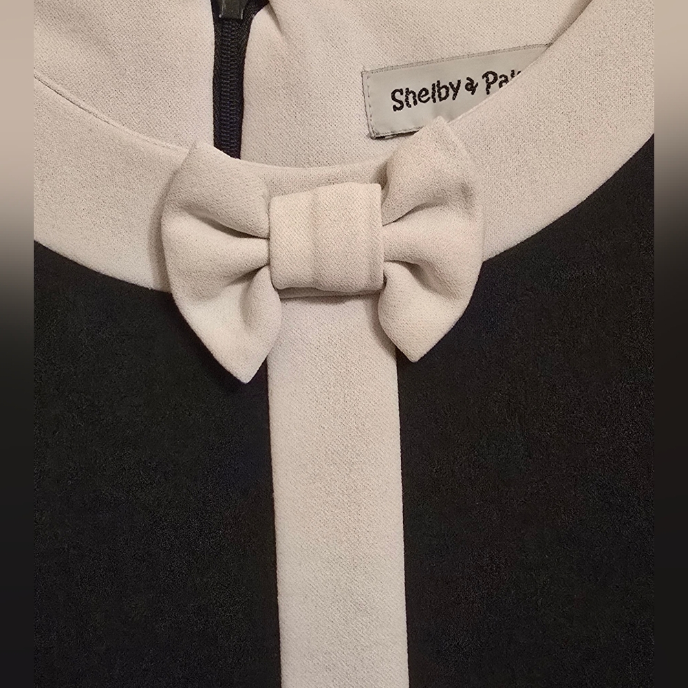 Black White Contrast Shift Dress Bow Detail Zip Back Darts Size 16 - Picture 4 of 6
